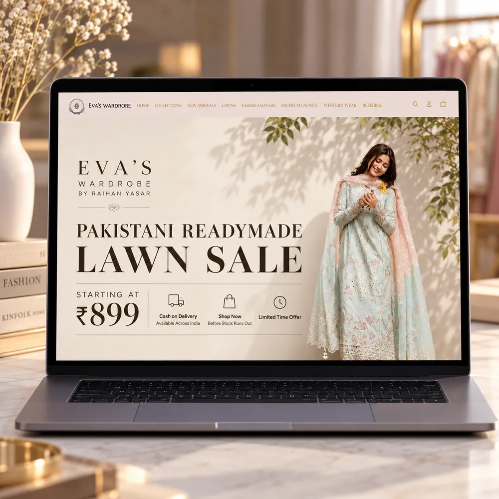 Eva's Wardrobe store homepage on a laptop, with a sale banner