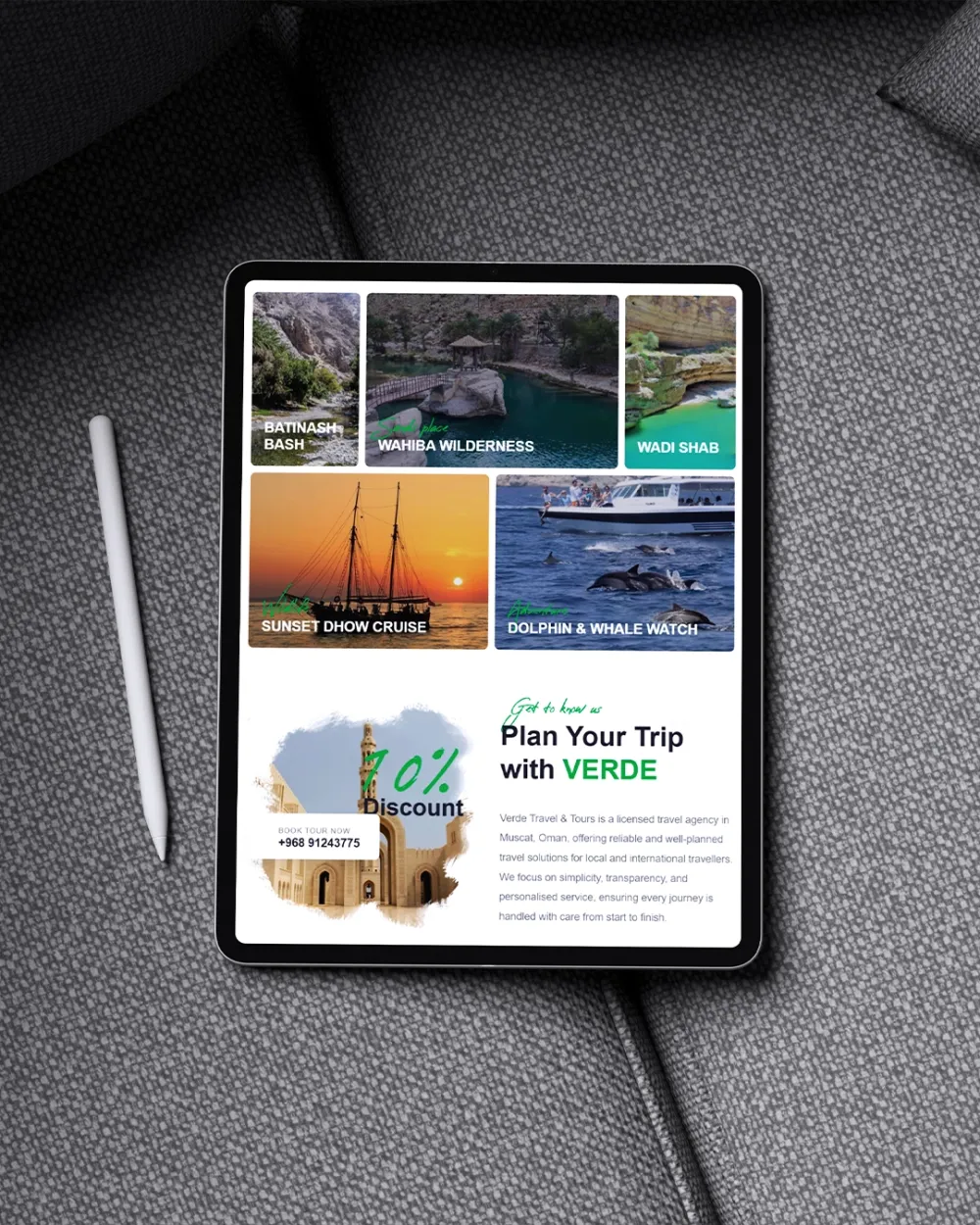Verde Travel and Tours tour destinations on a tablet