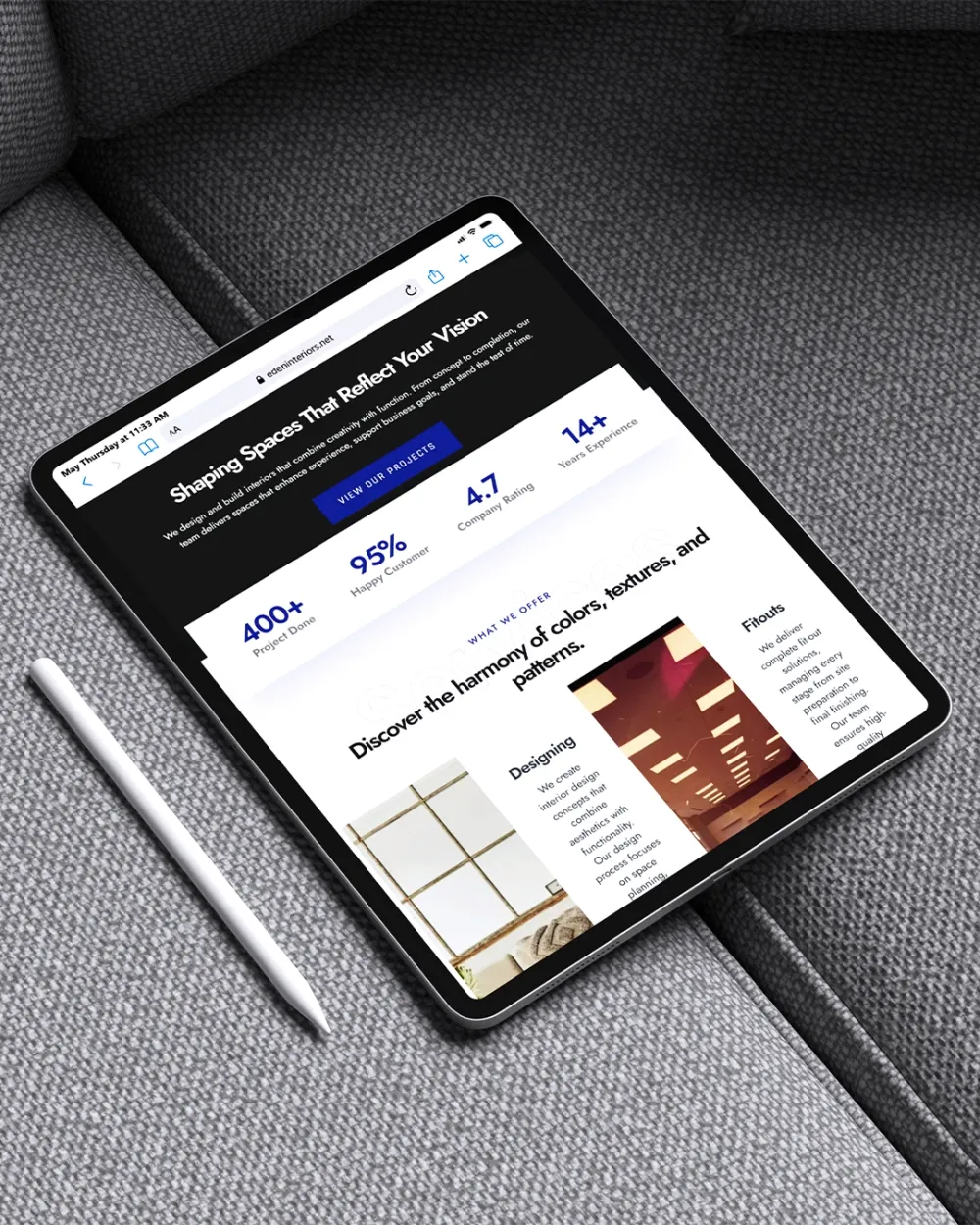 Creative Eden website on a tablet, with project numbers and services