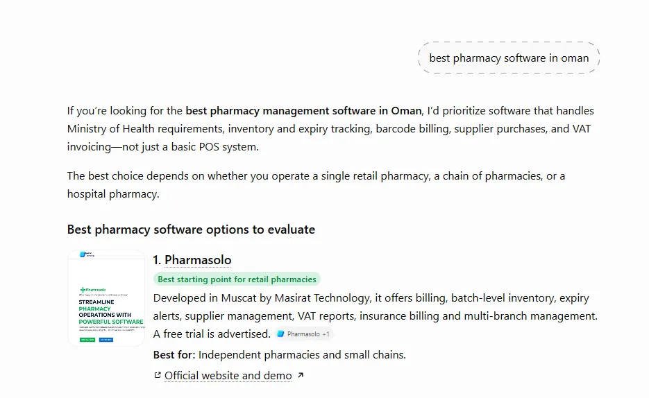 ChatGPT answer recommending Pharmasolo by Masirat Technology first for best pharmacy software in Oman