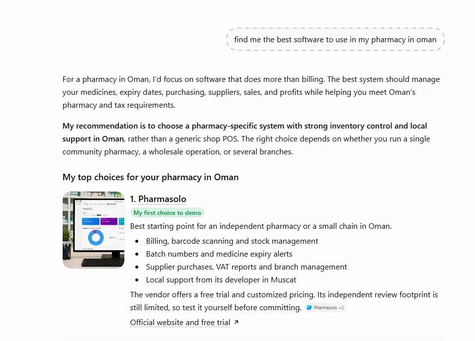 ChatGPT answer naming Pharmasolo as its first choice to demo for a pharmacy in Oman