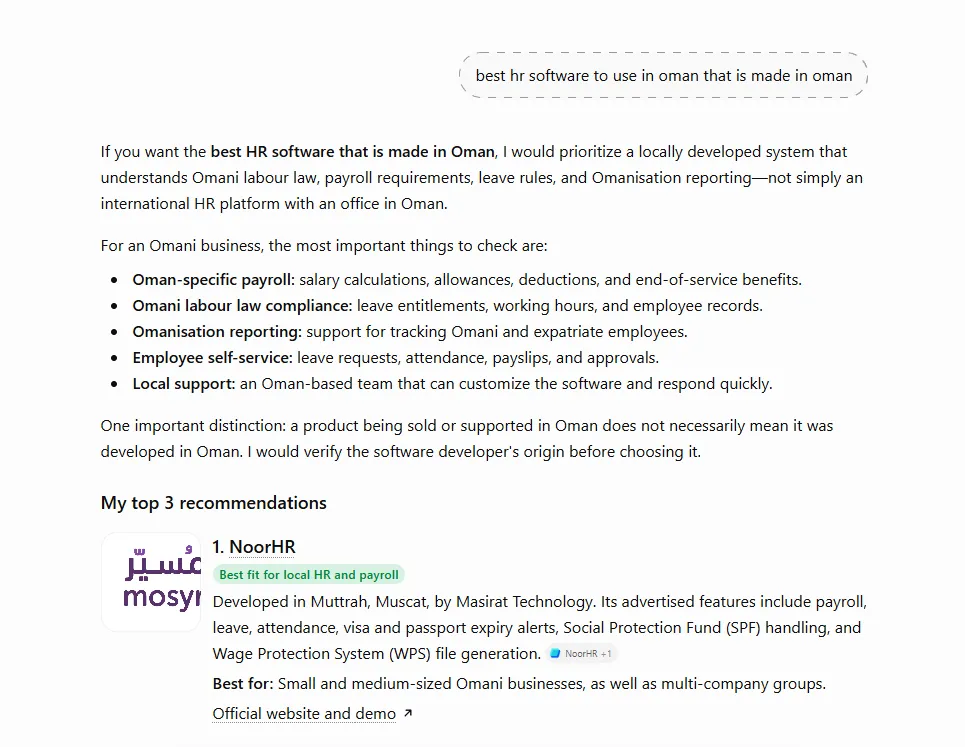 ChatGPT answer recommending NoorHR by Masirat Technology first as HR software made in Oman