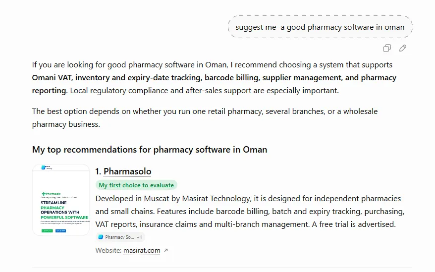 ChatGPT answer naming Pharmasolo as its first choice for pharmacy software in Oman