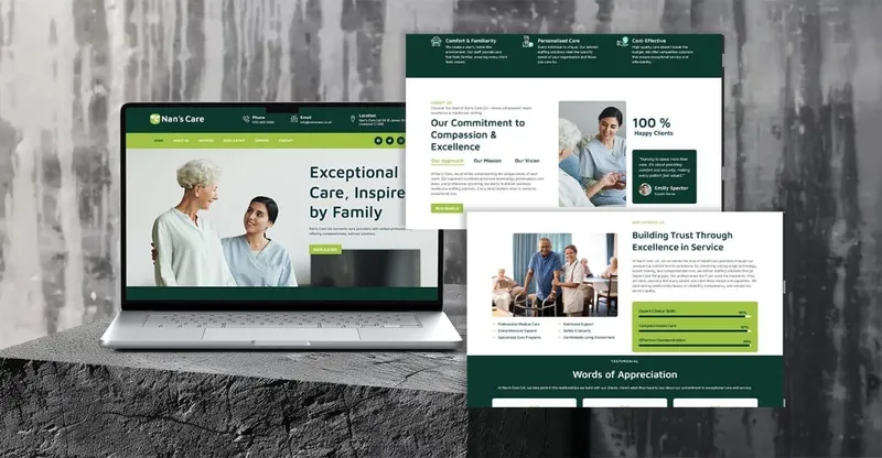 Nan's Care website on a laptop and two page previews