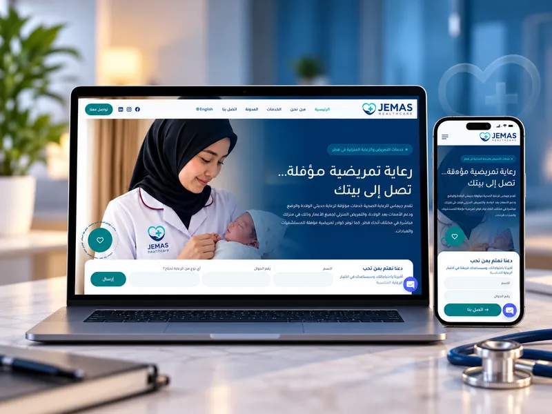 Jemas Health Care website in Arabic on a laptop and a phone