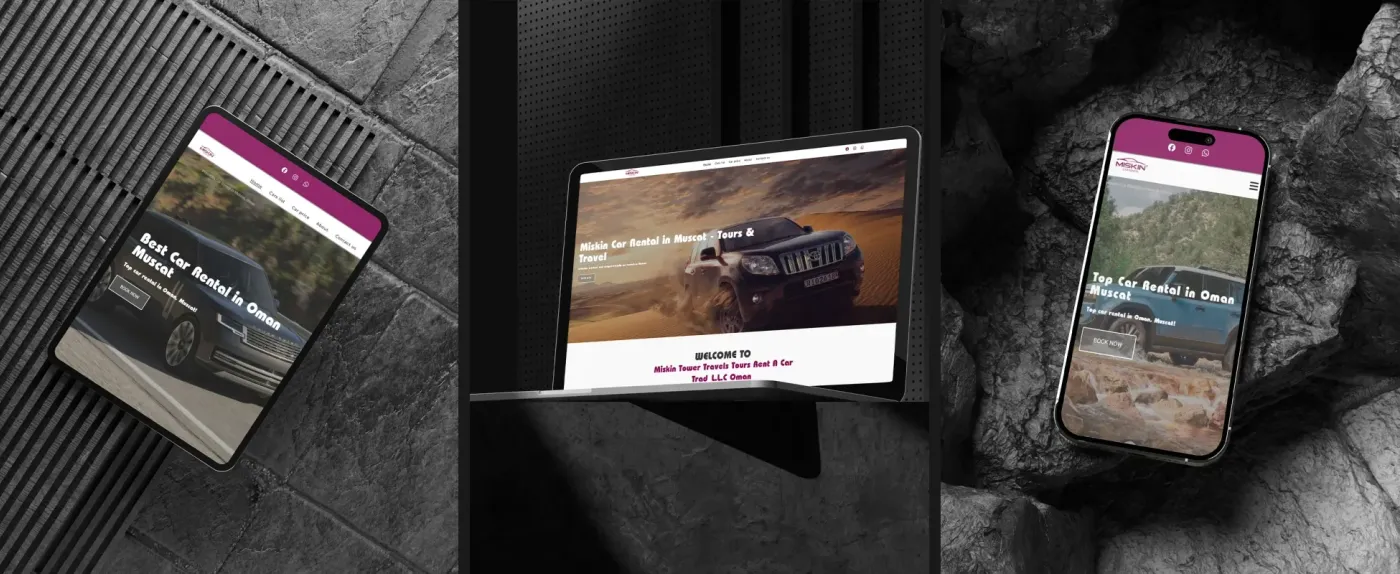 Miskin Car Rental website on a tablet, a laptop, and a phone