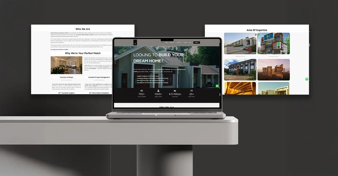 Team Arcon website on a laptop, with two page previews behind it