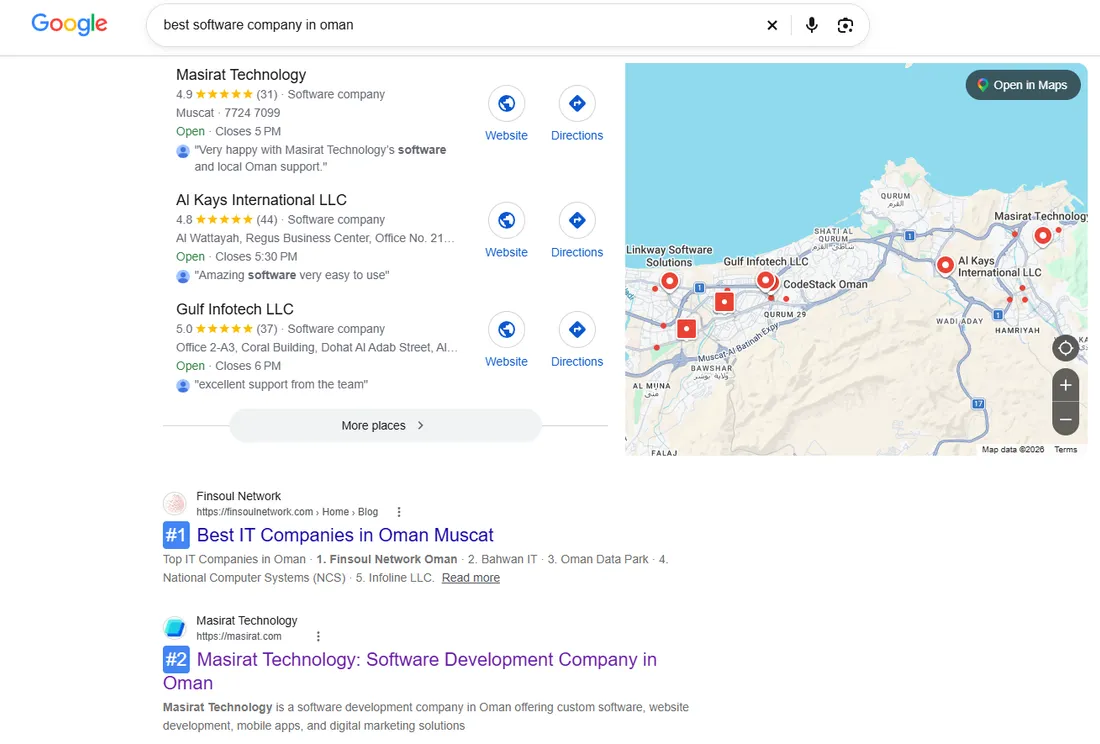 Google search for best software company in Oman, with Masirat Technology first in the map results and second in the normal results